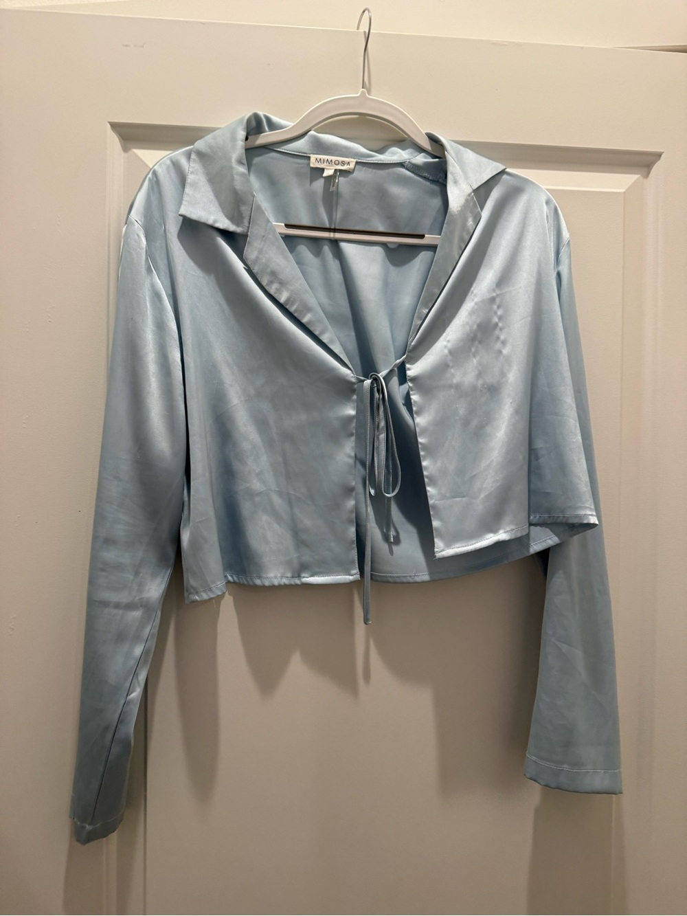 Mimosa Satin Tie Front Cropped Blouse | Light Blue | Size Medium - Picture 1 of 4